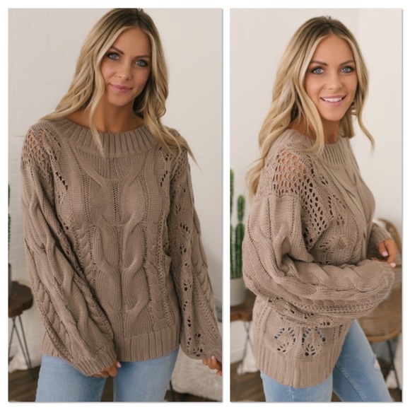 CCO SALE Mocha Cable Knit Puff Sleeve Sweater - Picture 2 of 4